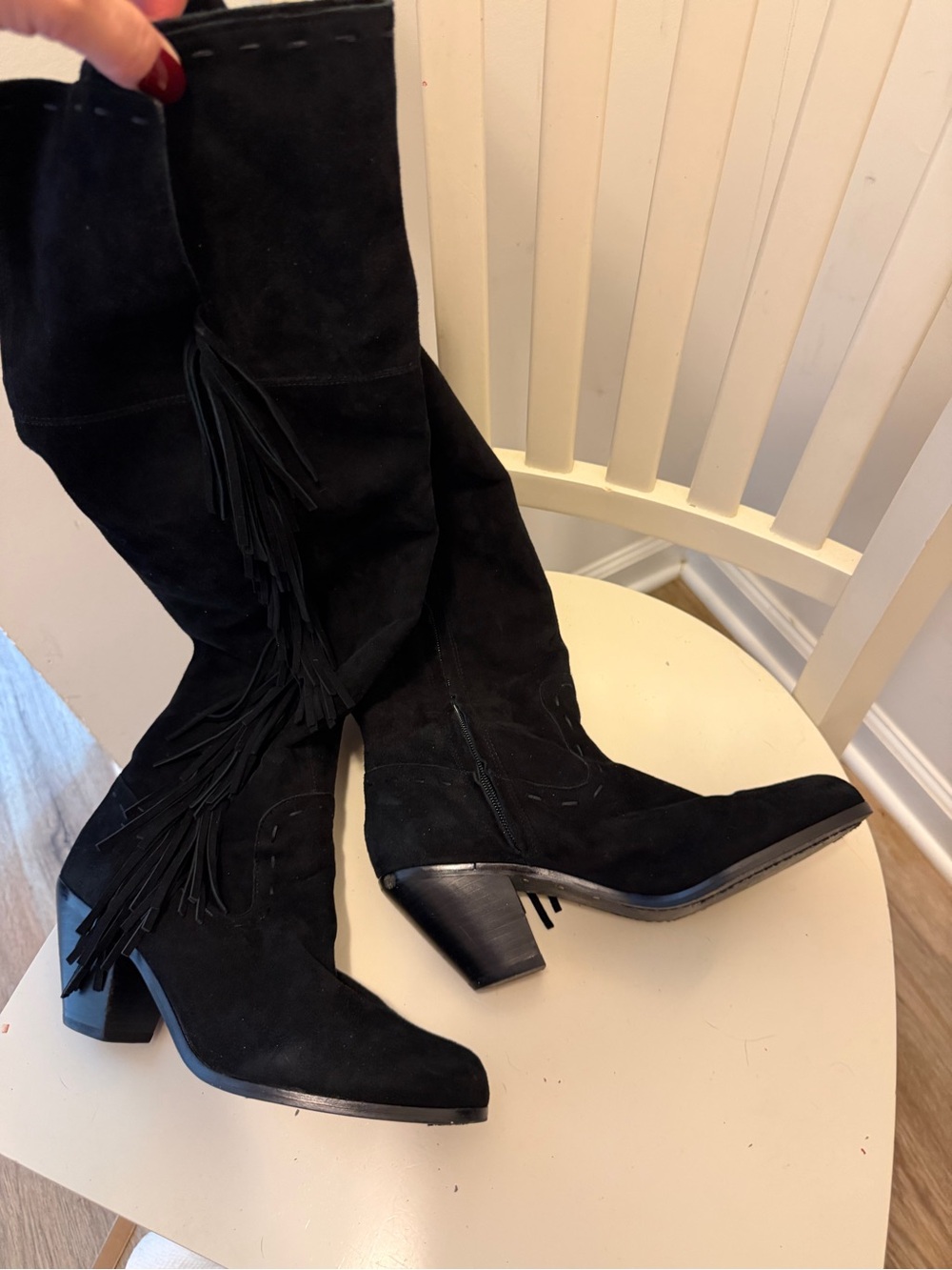 Sam Edelman Black Suede Fringe Knee-High Boots - Women's Fashion Boots